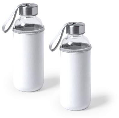 Genérico Juego de 2 Botellas de Agua de Cristal de 420ml con Funda de Neopreno y Tapa de Seguridad, Botellas Reutilizables de Bebidas para Deporte, Oficina y Viajes (Blanco)