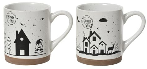 Kaemingk Tasse Keramik 9cm 1 Stück Sortiert mit Winterdorf und Wichtel Motiv - Kaffeetasse Teetasse Trinkbecher für Heißgetränke Winter Advent Weihnachtszeit Skandi Deko Geschenkidee Weiß Schwarz