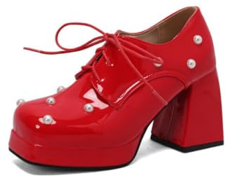 Generico Donna Punta Quadrata Pelle Verniciata Mary Janes Tacco Grosso Alto Décolleté A Piattaforma Lacci Oxford Brogue,Rosso,35.5 EU