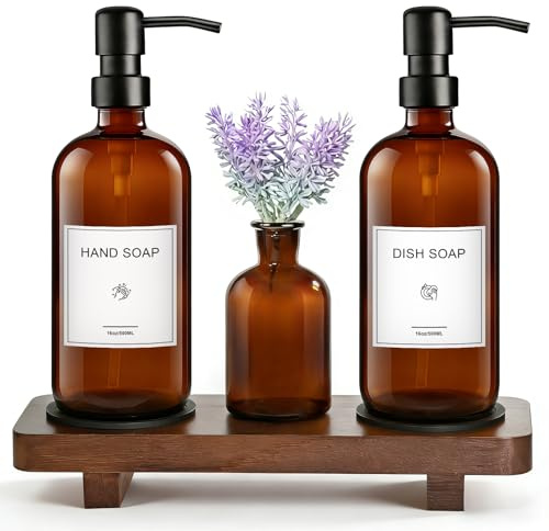 KEYWING 16oz Amber Glass Kitchen Soap Dispenser Set with Wood Tray | Hand and Dish Soap Dispenser Set with Stainless Steel Pumps, Waterproof Labels, Non-Slip Silicone Pads, for Kitchen, Bathroom