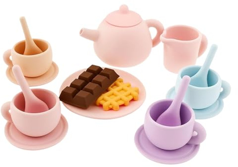 Child Roleplaying Beverage Kit - Rubber Dessert Pot Cup Saucer Pieces, Durable Smooth Feeding Toy Dishware, Fun Creative Social Skill Development Present | Home Classroom Playhouse Friends G
