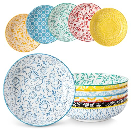 vancasso Selene 1200 ml 8.5 in Colorful Floral Ceramic Pasta Bowls Set of 6 | Patterned Large Serving Bowls for Salad, Soup, Noodles, Fruit, Microwave and Dishwasher Safe Dinner Sets, House-Warming Gift