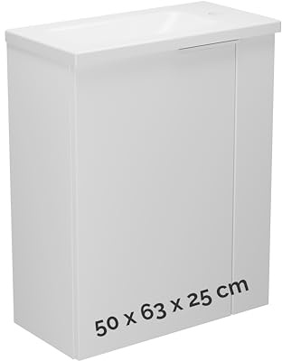 BadeDu UMEA Gäste WC Waschtisch Set 50 cm Weiß matt – Waschbeckenunterschrank mit Gussmarmor Waschbecken Weiß – platzsparender Waschtisch für kleines Bad & Gäste WC mit Stauraum