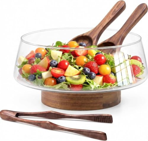 Buybai Glass Salad Bowl Mixing Bowls with with Acacia Wood Base and Serving Utensils - Elegant and Practical Kitchen Must-Have for Kitchen