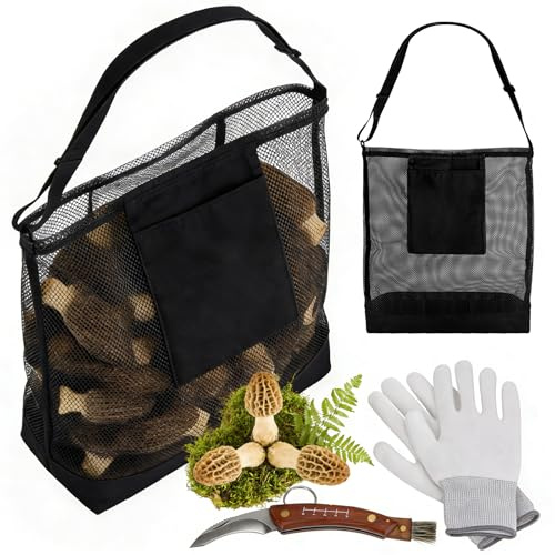 LIBKUR Mushroom Foraging Mesh Bag,Mushroom Foraging Kit with Non-Slip Gloves and Knife for Outdoor Mushroom Harvesting Collecting Lovers（Black