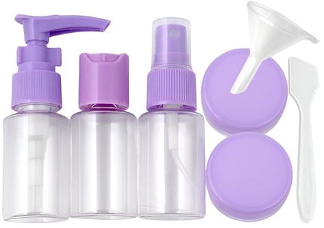Reiseflaschen Set 7-teilig mit Kulturbeutel – 30 ml Reisebehälter mit Pumpflasche, Sprühflasche & Döschen + Trichter & Spatel – auslaufsicher, nachfüllbar, handgepäcktauglich, Farbe: Lila