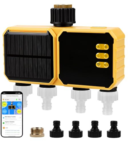 VIFERR Smart Programador de riego WiFi 4 vías, Controlador de riego automático Remoto Wi-Fi, Solar y batería integrada, Modo de retraso en Caso de Lluvia, para Plantas de Interior, jardín
