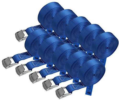 Zurrgurt Spanngurt belastbar bis 250 kg DIN EN 12195-2 Befestigungsgurt Klemmverschluss Befestigungsriemen blau verschiedene Längen Stückzahlen, 10er Pack 2.5 cm x 6 m