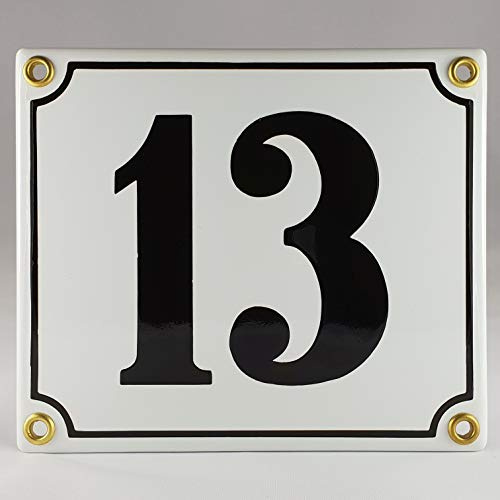 Emaille Schild Hausnummer 13 Schwarz-Weiß Handarbeit