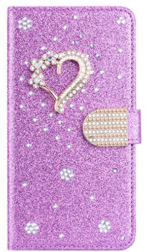 XFZ Hülle für Galaxy J3 2017,Leder Brieftasche Glitzer Schutzhülle Glänzende Bling 3D Schnalle & Liebe Etui Schale im Bookstyle Kartenfächer Magnet HandyCase für Samsung Galaxy J3 2017,Lila