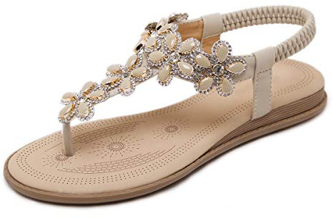 iCKER Women's Flat Sandals Ladies Thong Flat Sandals Bohemian Beaded Strap Sandals Diamante Rhinestone Leather Sandals, 7UK(label size 41), Apricot