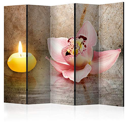 decomonkey Paravent Raumteiler Innen Orchidee Spa Zen 225x172 cm 5 Teilig Einseitig Room Divider Wall Raumteiler Stehend Trennwand Sichtschutz Spanische Wand Sichtschutzwand Wohnzimmer Holz