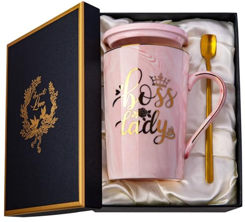 Doublewhale Boss Lady Gifts, Best Boss Birthday Gifts Mug for Women - 14oz Pink Marble Ceramic Coffee Cup with Spoon Lid Card - Gift for Friend Sister Women with Nice Box