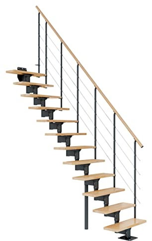 DOLLE Mittelholmtreppe - 11 Stufen - Geschosshöhe 228 – 300 cm - Geradelaufend - Stufen Buche, lackiert - Unterkonstruktion: Anthrazit (RAL 7016) - volle Stufen 70 cm - inkl. Geländer - Nebentreppe
