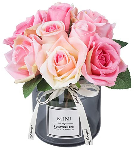 NA Künstliche Blumen und Glasvase, Seidenrose, Glasflasche, geeignet für Wohnzimmer, Esstisch, Büro, Hochzeit, Hotelbankett und andere Heimdekoration (Pink)