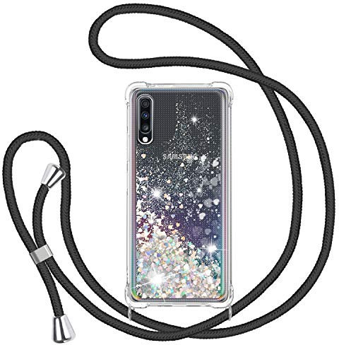 Handyband für Samsung Galaxy A50/A50S/A30S Hülle mit Band, Glitzer Treibsand Handyhülle mit Kordel zum Umhängen Transparent Stoßfest Schutzhülle mit Kette Schnur, Quicksand Necklace Case in Schwarz