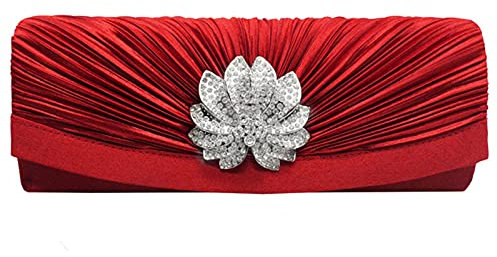 Pochette da donna in raso con strass glitterati di Megauk, borsa per abiti a busta, per avambraccio, con catena, per banchetti, matrimoni, balli, banchetti e feste, raso rosso, 24*5*13cm