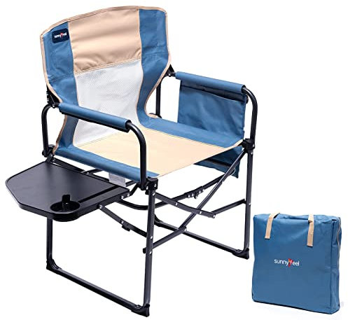 SUNNYFEEL Regiestuhl Klappbar mit Seitentisch und Armlehnen, Faltbar Campingstuhl für Outdoor Garten Wiese Strand Angeln (Khaki)