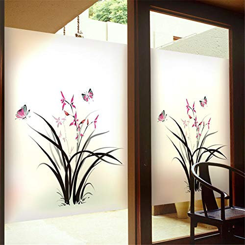 Xijier Fensterfolie, Sichtschutz, Glasfolie, nicht klebend, mattiert, statisch haftend, für Zuhause, Büro, Orchidee, Schmetterling, dekorative Aufkleber für Badezimmertürverkleidungen, 50 x 90 cm
