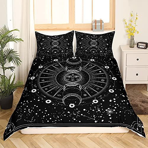 Bohemien Sonne und Mond Bettwäsche Set 155x220cm Boho Mandala Bettbezug Set Exotisch Stil Betten Set Schwarz Weiß Bettwäsche Set Für Kinder Erwachsene Galaxis Astrologie Ultra weich Zimmer Dekor