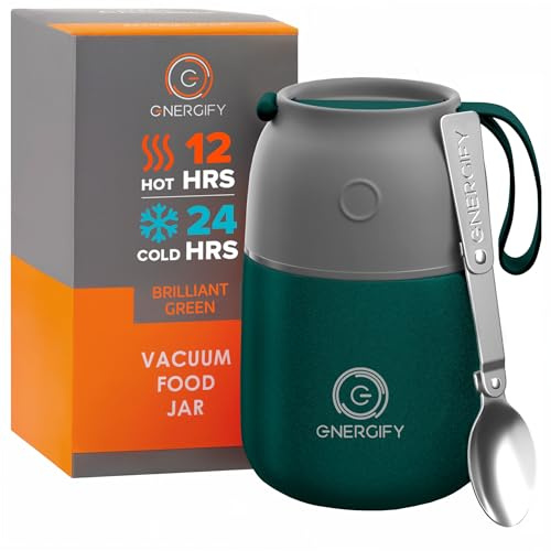 Vacuum Insulated Food Jar. Large 17oz Bowl incl. Folding Spoon, Cup. Wide Mouth Thermos Keep Hot & Cold Drinks Soup Thermo Lunch Container for Adults. BPA-Free Stainless Steel, Proof Brilliant Green