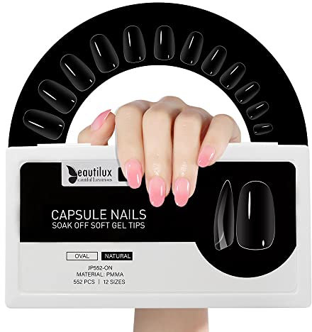Beautilux Capsule Americaine Ongle Ovale Court, Capsules Ongles Oval Court Transparente Acrylique 552 Pièces 12 Tailles, Soak Off Faux Ongles Pose Americaine Pour Manucures à Domicile