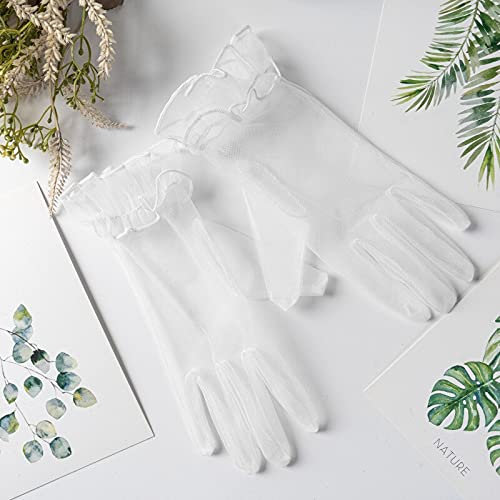 PTNKUIIY Hochzeit Braut Handschuhe,Tüll Kurze Vintage Abendhandschuhe Opern Party Handschuhe Sommer Sonnenschutz Transparent Netzstoff Mesh Handschuhe Damen Fasching Kostüm Accessoires,Weiß