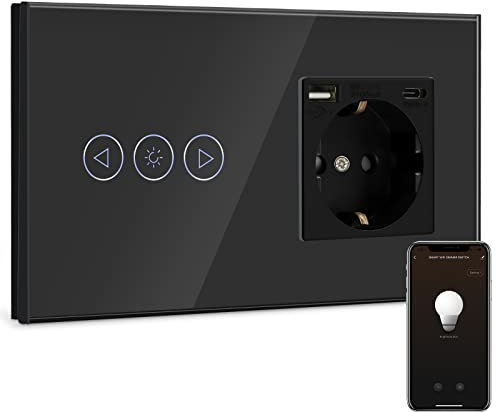 BSEED Normal Steckdose mit Smart Alexa Dimmer Lichtschalter Kompatibel mit Alexa,Google Home, 1 Fach 1 Weg Lichtschalter mit USB Steckdose (Max. 2.1A) Typ C Port Schwarz (Nullleiter benötigt)