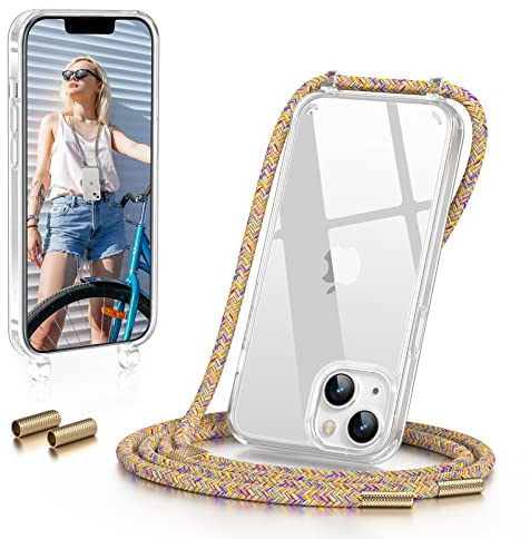 GOODVISH Handykette für Apple iPhone 14 Plus 6,7 Display, Necklace Hülle mit Band Handyhülle für zum Umhängen, Transparent Case mit Schnur Kameraschutz und Bildschirmschutz, Rainbow