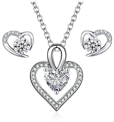 LYL.Adorer Damen Schmuckset silber 925 Halskette Ohrringe Set Herz Zirkonia Geschenk für Frau Mädchen Muttertags Geburtstag Weihnachten
