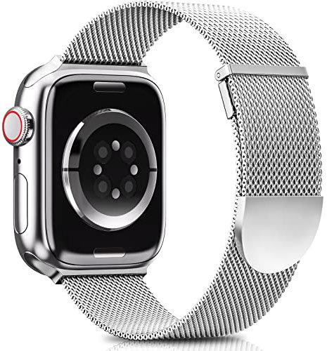 Higgs Bracelets Compatible avec Bracelet Apple Watch Ultra 2 49mm pour Femme et Homme, Bracelet Double Magnétique Réglable, Lisse Metal Milanais Argenté