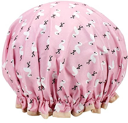 1 Pack Shower Cap for Women, Oil-proof Caps, Double Layers Waterproof Reusable Bath Caps With Ruffled Edge Covering for Girls, Women, Ladies, Kids (Pink Bird)