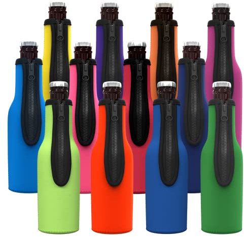 TahoeBay Beer Bottle Insulator Sleeves (Multicolor) Neoprene Coolers with Zipper for 12oz Longneck Bottles (12)
