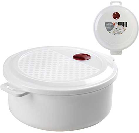 Urban Living Microwave Containers with Vented Lids Round Food Bowls Casserole Dish Cooking Pot Tub with Handles Steam Vent Ventilated Lid for Kitchen Lunch Travel Breakfast, Plastic, White (3 Litre)