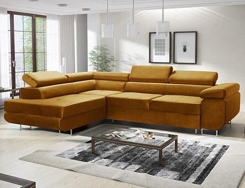 MODERNO Ecksofa mit Schlaffunktion und Bettkasten Avesta - Sofa +3 Sitzen mit Robusten Metallfüße - Schlafcouch L-Form - Modern Couch 277x203x73 cm - Ecke Links Velours Senf