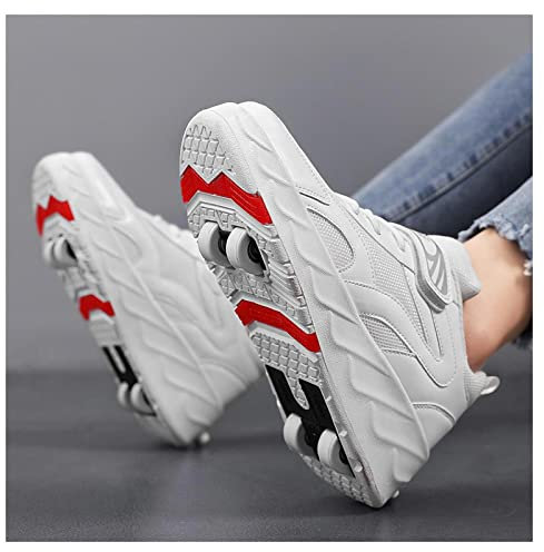 ZEDDG 2-in-1 Kinderschuhe Mit Rollen Rollschuhe Skateboard Schuhe Turnschuhe Fitnessschuhe Jungen Mädchen Outdoor Sportschuhe,White-36