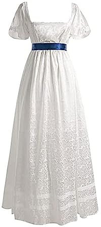 AMhomely Regency Dresses for Women with Sash Empire Waist Ruffled Puff Sleeve Long Dress White Dress Ladies Elegant Maxi Dress for Halloween Cosplay Tea Party Blue M