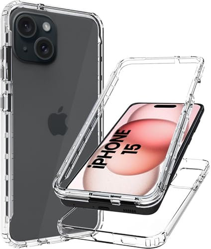 Clear Case For Apple iPhone 15 (2023) 360° Front And Back Protection Transparent Silicone Phone Cover 2 in 1 Case For iPhone 15 6.1'' (Clear)