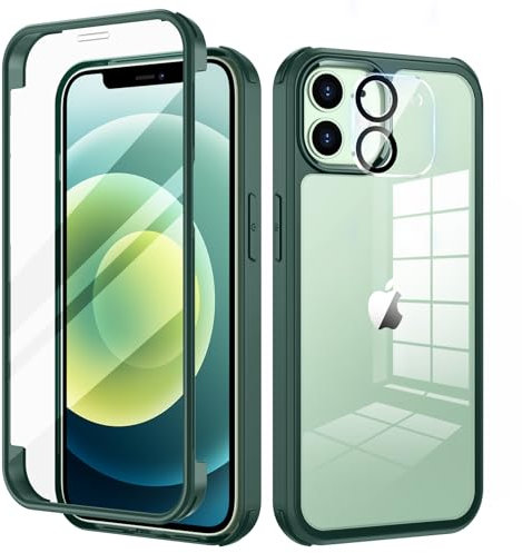 seacosmo iPhone 12 Hülle mit Eingebauter Gehärtetem Glas Displayschutz und Kamera Schutzfolie [9H HD], 360 Grad Ganzkörper Stoßfeste iPhone 12 Handyhülle- Grün