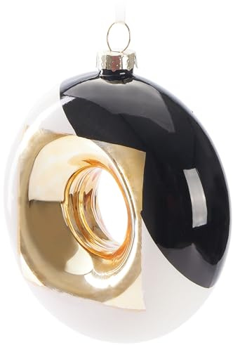 BRUBAKER Premium Weihnachtskugel Donut - Gold, Schwarz und Weiß Quadrat Muster - 10 cm Baumkugel aus Glas - Handbemalter Christbaumschmuck Anhänger - Luxus Weihnachtsdeko Christbaumkugel