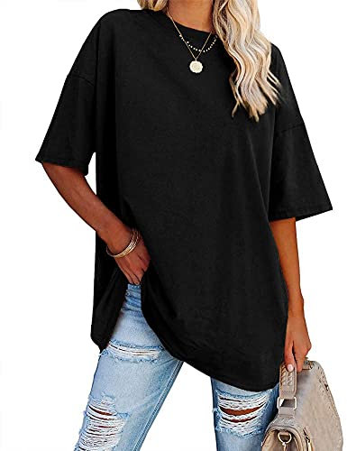 Ebifin Oversize T Shirt Damen Rundhals Kurzärmeliges Tops Casual Lockere Basic Sommer Tee Shirts Bluse.Schwarz.M