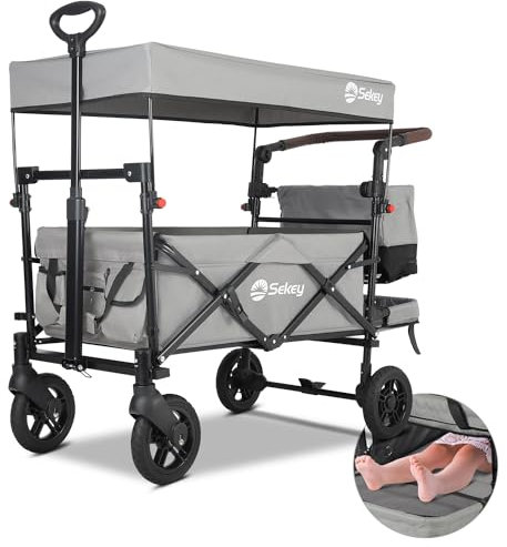 Sekey Kids Folding Handcart Wagon with Removable Canopy, Versatile Foldable Transport Trolley for Family Outings Including Shockproof PU Wheels, 220LBS(100KG) Weight Capacity, Push Handle, Grey