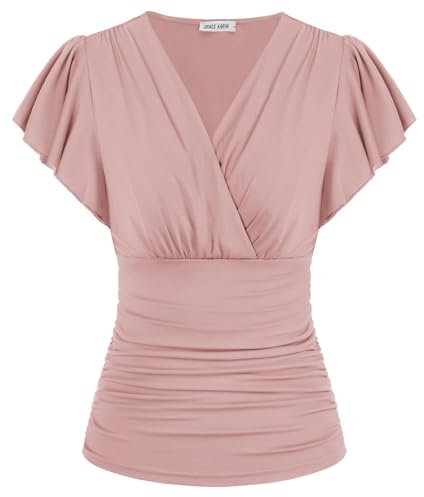 Femme Cache-Cœur d'Été Col V Blouse à Taille Marquée à Manches Courtes Volantées Top Femme Chic et Élégant XL Rose
