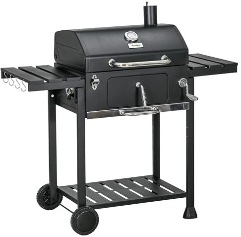 Outsunny Barbecue a Carbone con Griglia Regolabile e Ruote, BBQ con Coperchio, Tavolini Laterali, Termometro e Ripiano Inferiore, Nero