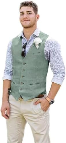 Wehilion Men Suit Vest Linen Light Green Beach Wedding Casual Waistcoat M