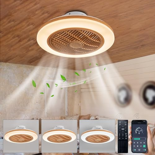 Caunmar Ventilador De Techo Con Luz Sin Aspas, Lampara Techo Con Ventilador Sin Aspas Silencioso, Reversibles Motor DC, Regulable, Plafon Con Ventilador Para Dormitorio Salon, Color De Vetas De Madera
