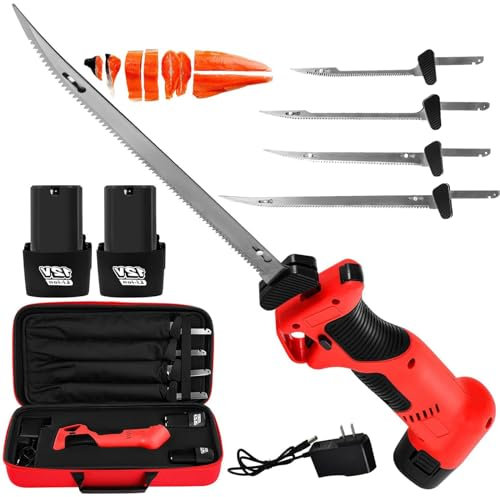 HLGKBY Couteau à Filet de Poisson Rechargeable Couteau à Filet électrique sans Fil avec 4 Lames antiadhésives à revêtement Ti-Nitride S.S. et 2 Piles, Verrouillage sécurisé, pour la Maison,