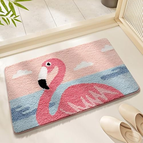 Badezimmerteppich Flamingo Badematte rutschfest,Weiche Badteppich,Badvorleger Duschvorleger,badvorleger rutschfest waschbar,Bad Teppich Flauschig50×80cm