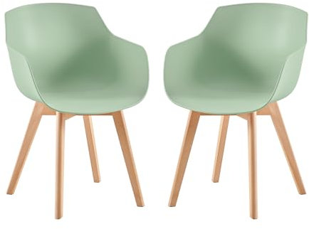 EGGREE Esszimmerstühle 2er-Set mit Beinen aus massivem Buchenholz, Retro-Design, Küchenstühle aus Holz, Wohnzimmerstuhl mit Armlehnen - Eiscreme Grün