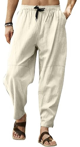 Mens Baggy Cotton Trousers Smart Casual Summer Lightweight Comfy Drawstring Loose Fit Wide Leg Harem Pants with Pocket for Yoga Beach Lounge Hippy-Beige-XL